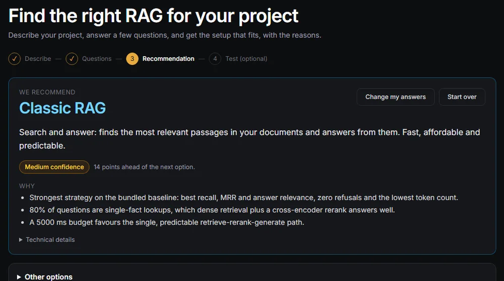 Veritas·RAG recommends classic RAG and explains why, based on the reference benchmark.