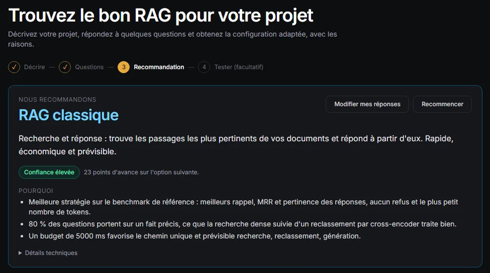 Veritas·RAG recommande le RAG classique et explique pourquoi, à partir du benchmark de référence.