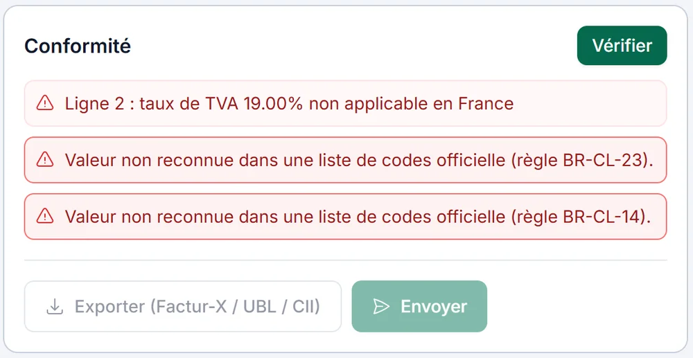 Le panneau Conformité bloque l’export et l’envoi : TVA à 19 % non applicable en France, et deux règles officielles EN 16931 (BR-CL-23, BR-CL-14) en échec.